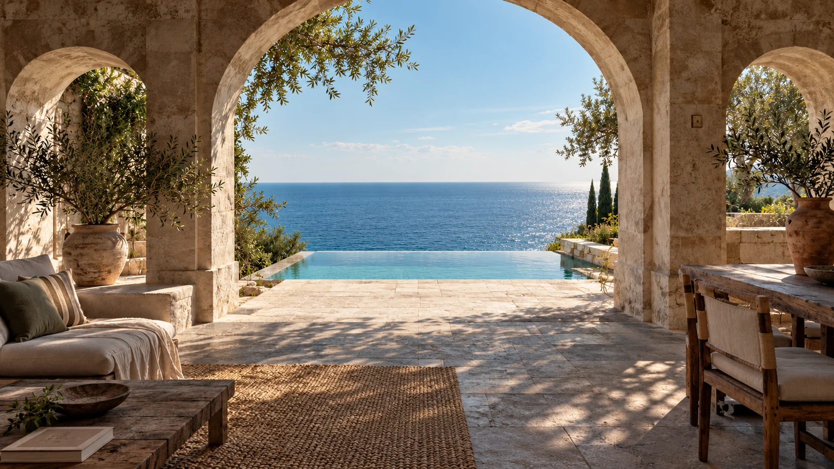 A sunlit infinity pool and uninterrupted open sea framed by the weathered limestone arches of an island residence