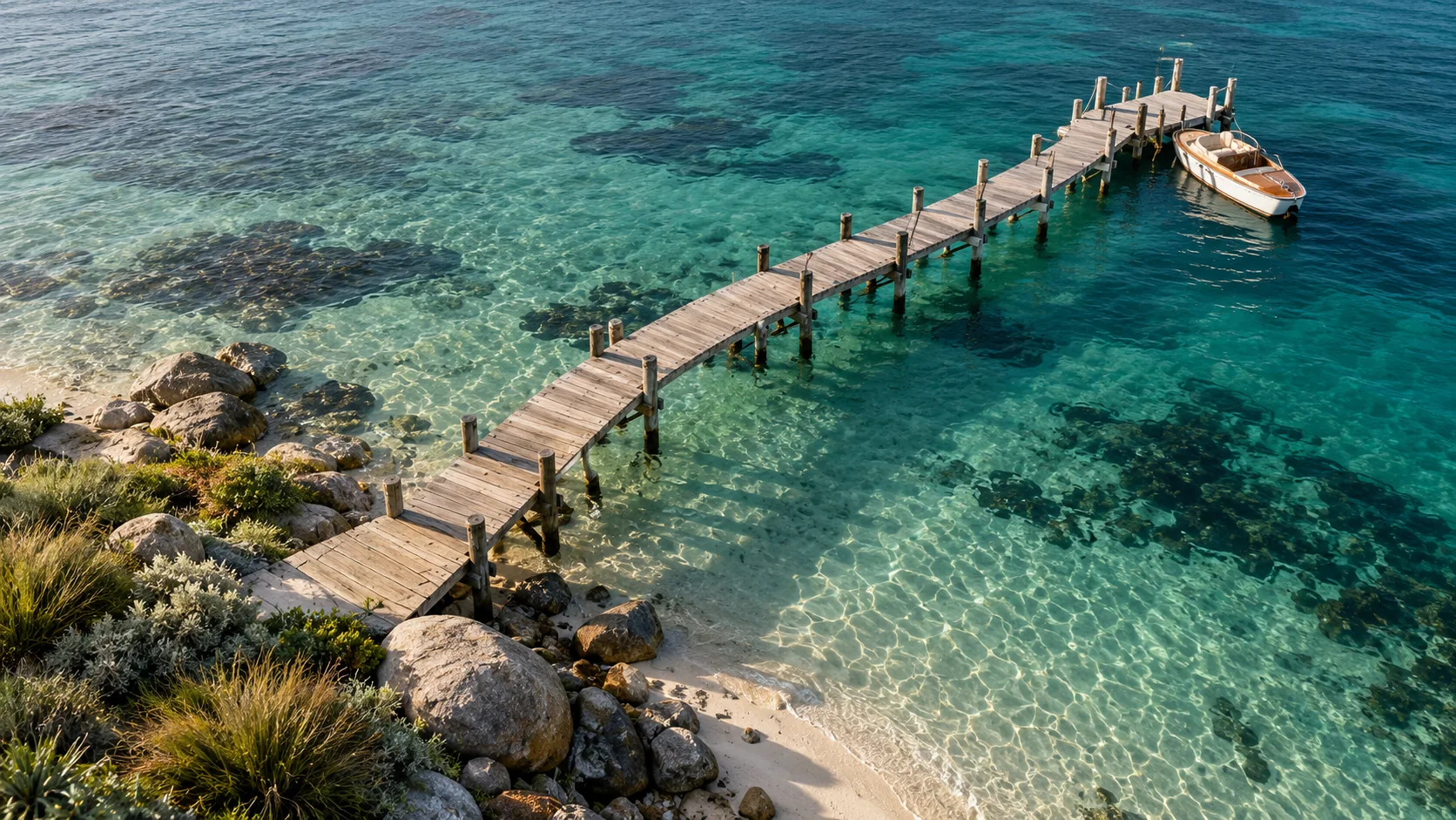 A gently curving timber jetty with a small tender above clear turquoise water — an imagined island arrival