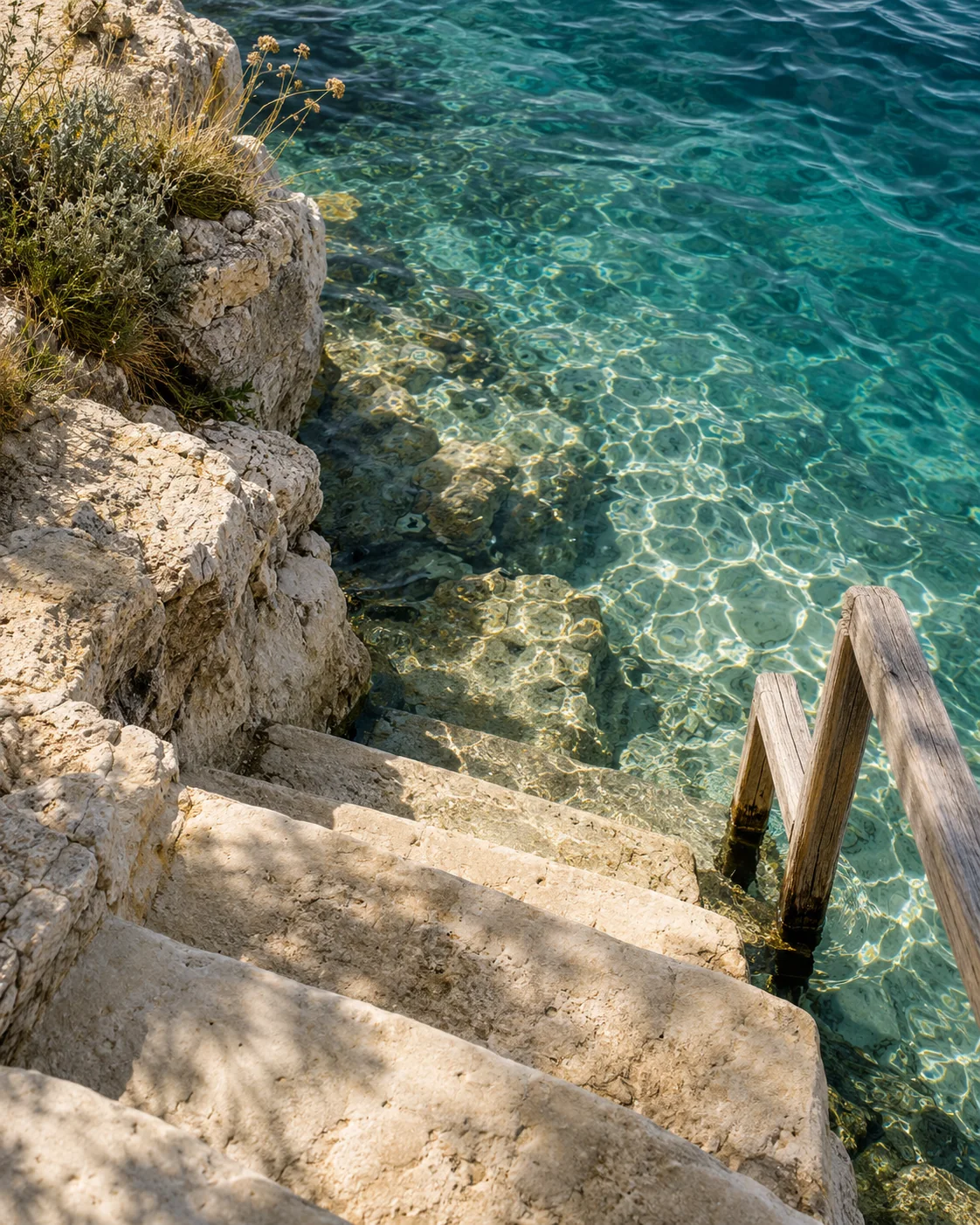 Sunlit limestone steps and weathered timber meeting clear turquoise seawater