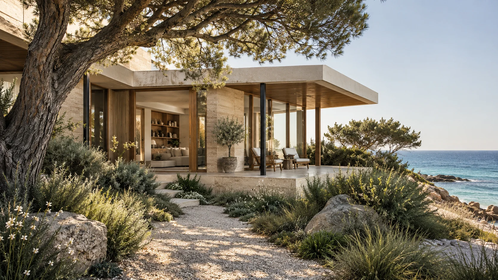 A contemporary limestone and oak residence set among native grasses and umbrella pines beside the sea