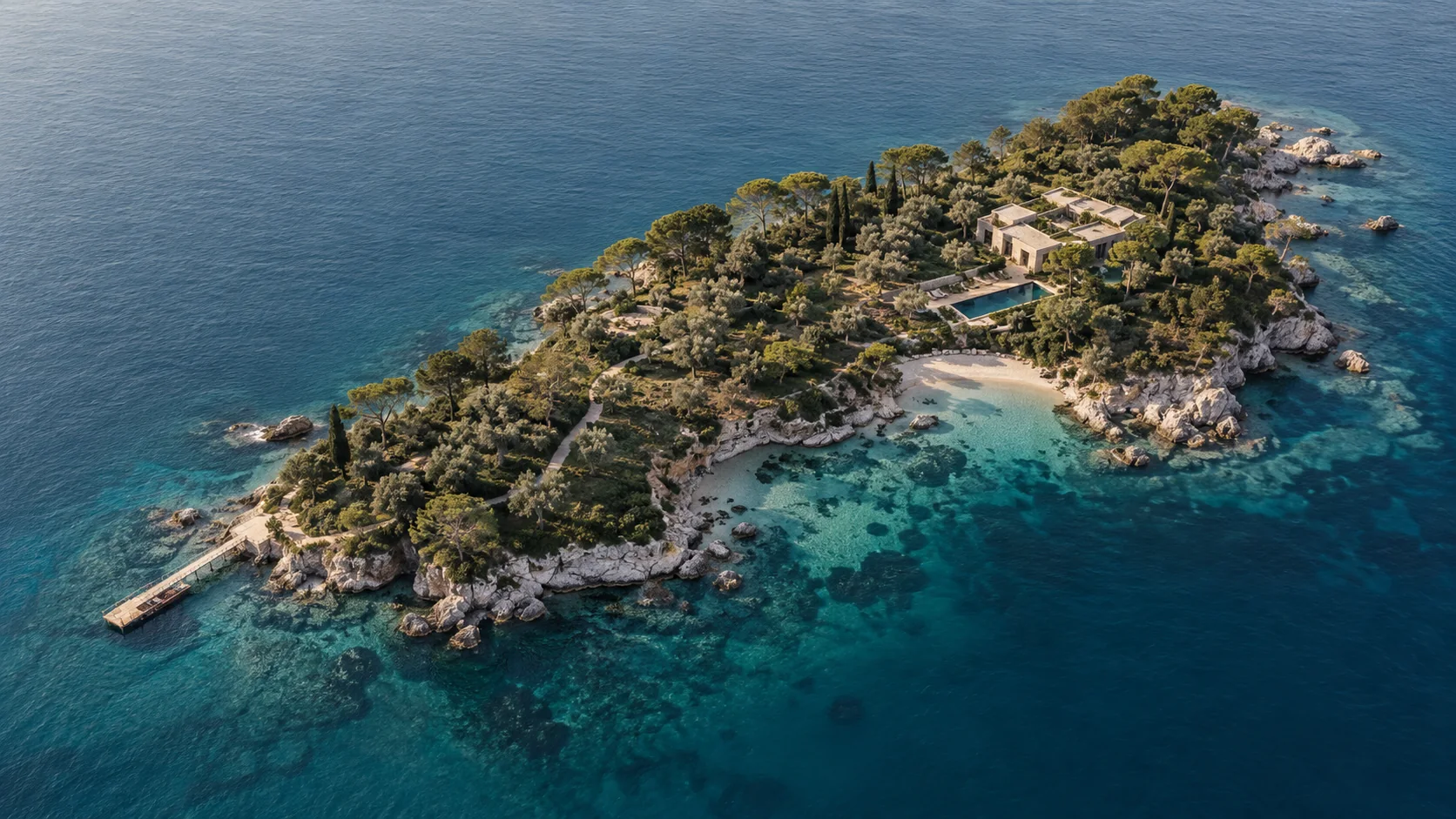 An imagined private island with a contemporary courtyard residence, native coastal planting and a sheltered cove, surrounded by open ocean